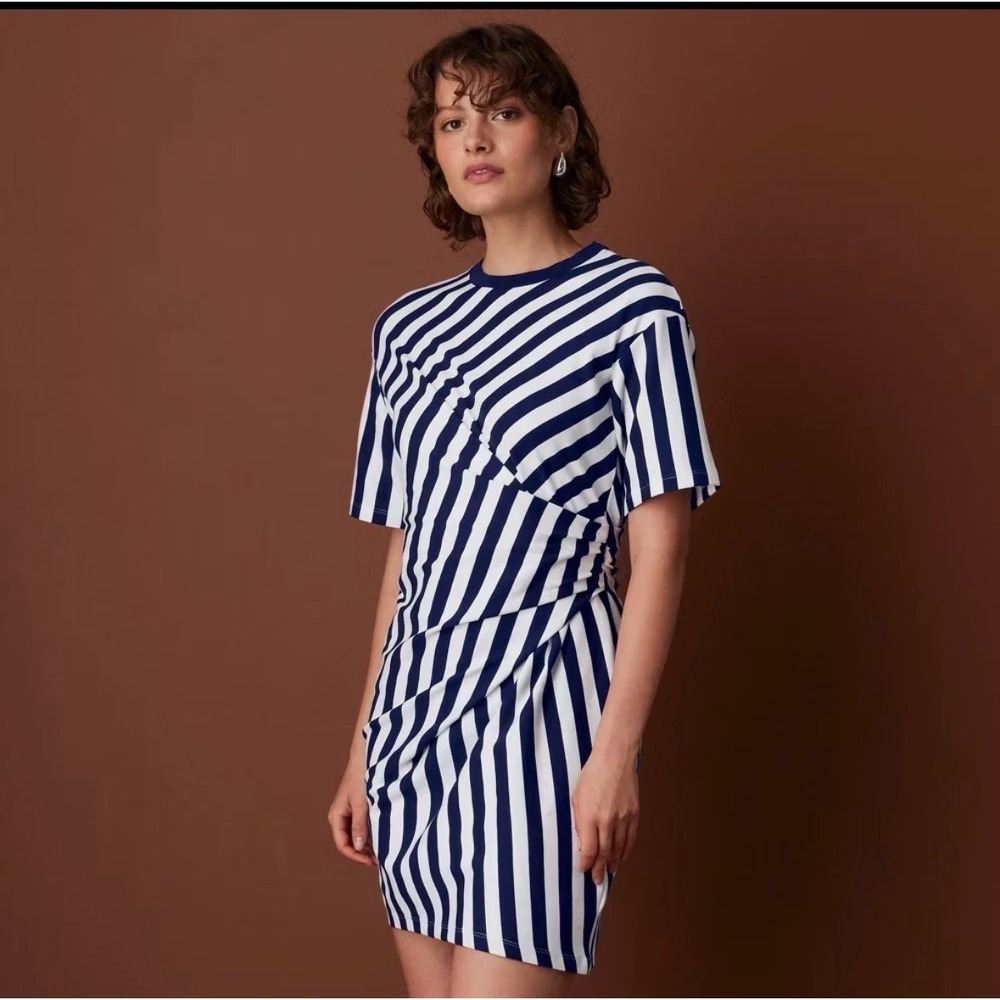 Rosie Assoulin Navy White Striped Gathered Draped T-Shirt Mini Dress Small